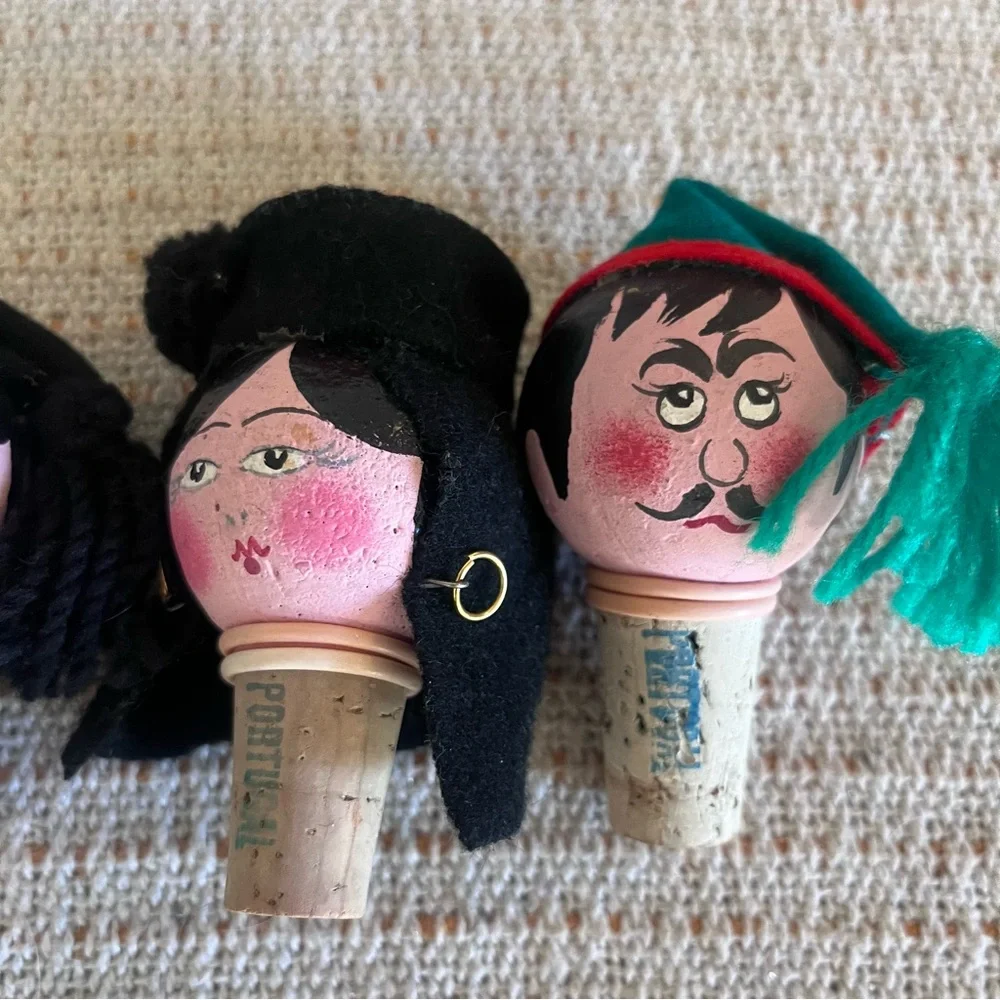 Lot 3 MCM Portugal Wine Corks Hand Painted Heads Faces Novelty Travel